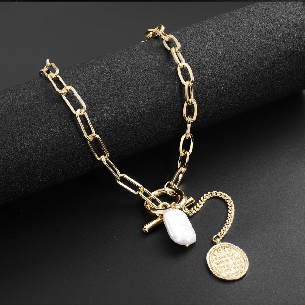 Gold Chain Necklace with Pearl and Coin Pendant